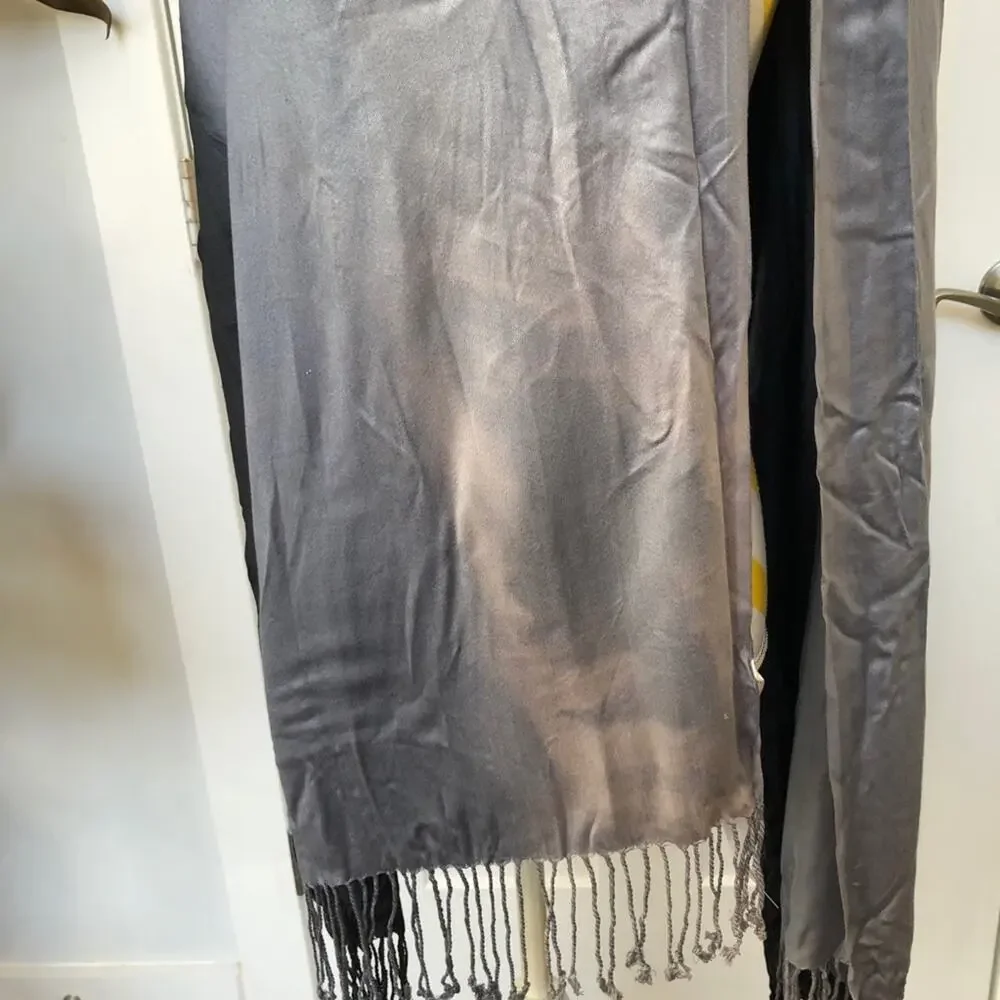 Gray Ombre Wrap Scarf w/ Fringe Shades of Grey to Black 100% Rayon Dry Clean